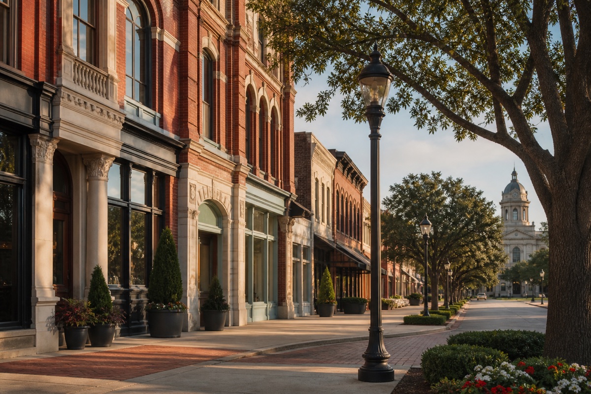 Historic brick storefronts and mature trees in downtown McKinney